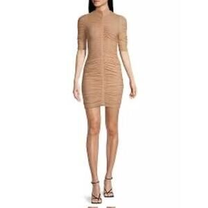 NEW Black Halo Meadow Ruched Mesh Tan Mock Neck Mini Short Sleeve Dress Size 2
